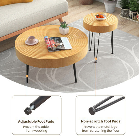 Set of 2 Solid Wood Farmhouse Round Coffee Tables-Ring Pattern