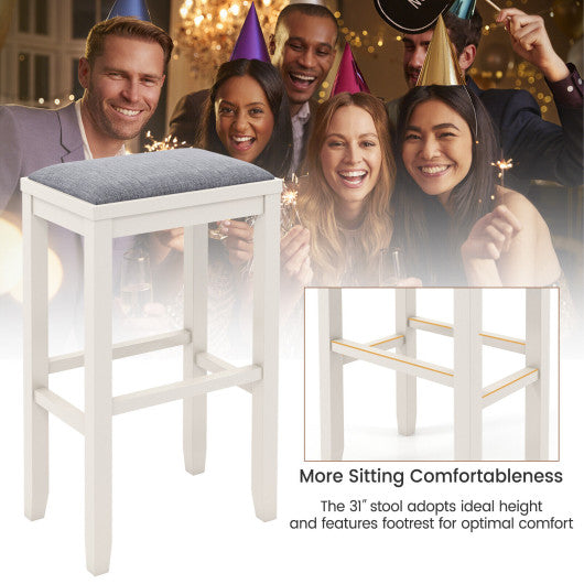 2 Pieces 31 Inch Upholstered Bar Stool Set with Solid Rubber Wood Frame and Footres-White
