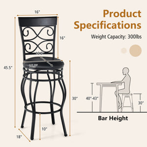 Set of 2 30 Inch Bar Stool with Backrest and Footrest-Black