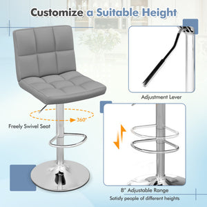 Set of 2 Square Swivel Adjustable Bar Stools with Back and Footrest-Gray