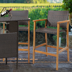 Set of 2 PE Wicker Patio Bar Chairs with Acacia Wood Armrests-Set of 2