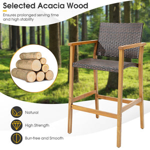 Set of 2 PE Wicker Patio Bar Chairs with Acacia Wood Armrests-Set of 2