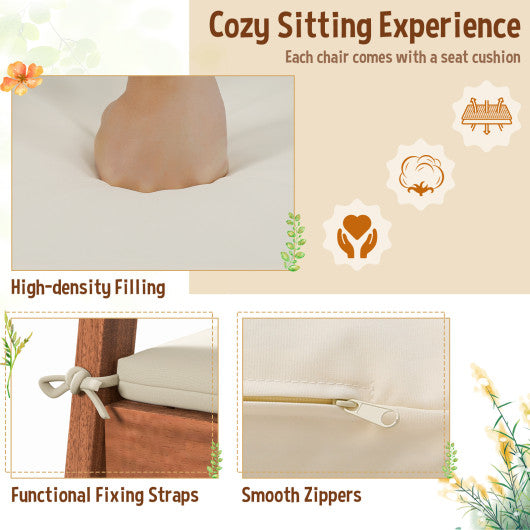 Set of 2 Patio Solid Wood Dining Chairs with Cushions and Slatted Seat