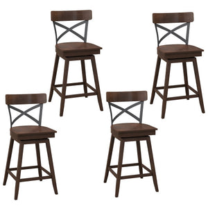 Set of 2 Wooden Swivel Bar Stools with Open X Back and Footrest-24 inches