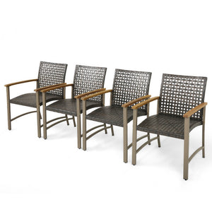 Set of 4 Patio Rattan Dining Chairs with Acacia Wood Armrests-Set of 4