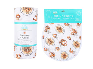 Gift Set: Shrimp'n Grits Baby Muslin Swaddle Blanket and Burp Cloth/Bib Combo by Little Hometown