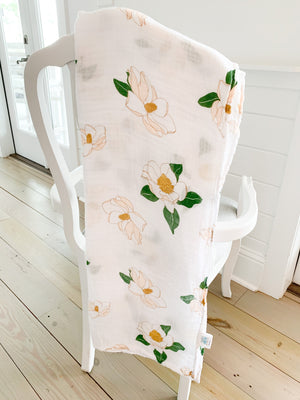 Gift Set: Southern Magnolia Baby Muslin Swaddle Blanket and Burp Cloth/Bib Combo by Little Hometown