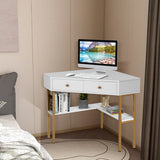 Space Saving Corner Computer Desk with 2 Large Drawers and Storage Shelf-White