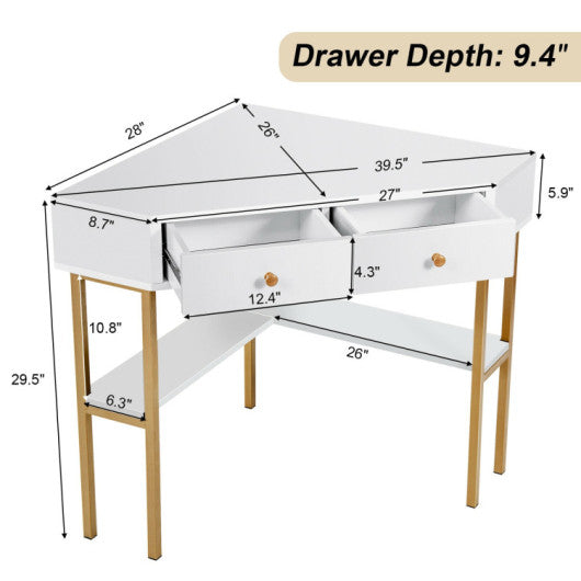 Space Saving Corner Computer Desk with 2 Large Drawers and Storage Shelf-White