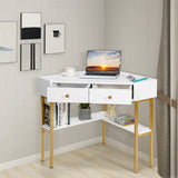 Space Saving Corner Computer Desk with 2 Large Drawers and Storage Shelf-White
