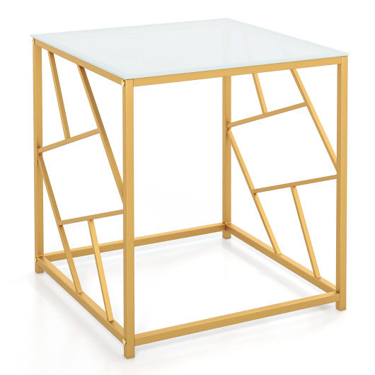 Square End Table with Tempered Glass Tabletop and Gold Finish Geometric Frame-Golden