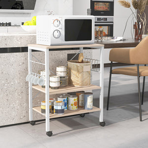 3-Tier Kitchen Baker's Rack Microwave Oven Storage Cart with Hooks-Light Brown