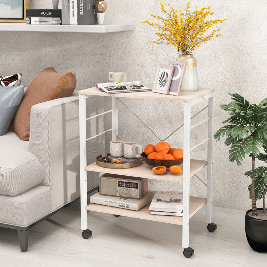 3-Tier Kitchen Baker's Rack Microwave Oven Storage Cart with Hooks-Light Brown