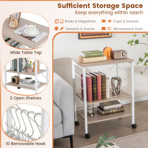 3-Tier Kitchen Baker's Rack Microwave Oven Storage Cart with Hooks-Light Brown