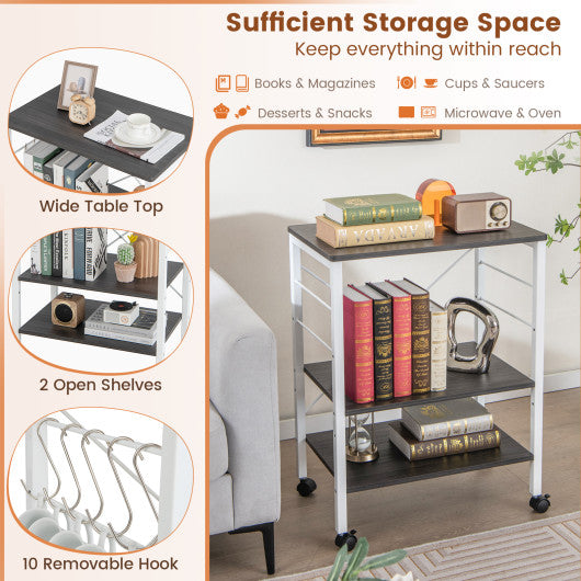 3-Tier Kitchen Baker's Rack Microwave Oven Storage Cart with Hooks-Deep Brown