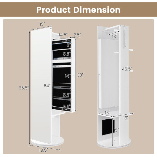 360-Degree Swivel Jewelry Cabinet Armoire with Full Length Mirror and Coat Rack-White