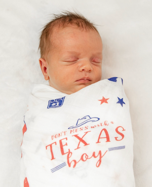 Gift Set: Texas Baby Boy Muslin Swaddle Blanket and Burp Cloth/Bib Combo by Little Hometown