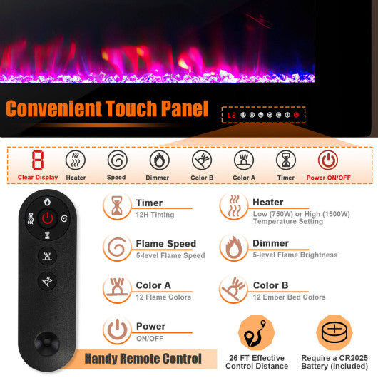 42/50/60/72 Inch Ultra-Thin Electric Fireplace with Decorative Crystals-60 inches