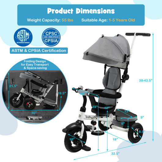 Folding Tricycle Baby Stroller with Reversible Seat and Adjustable Canopy-Gray