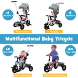 Folding Tricycle Baby Stroller with Reversible Seat and Adjustable Canopy-Gray