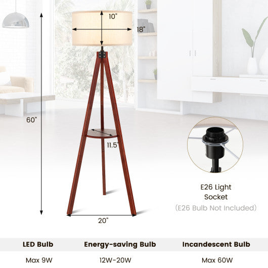 Tripod Floor Lamp Wood Standing Lamp with Flaxen Lamp Shade and E26 Lamp Base-Brown
