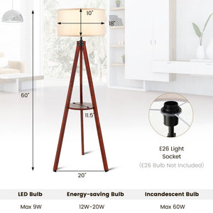 Tripod Floor Lamp Wood Standing Lamp with Flaxen Lamp Shade and E26 Lamp Base-Brown