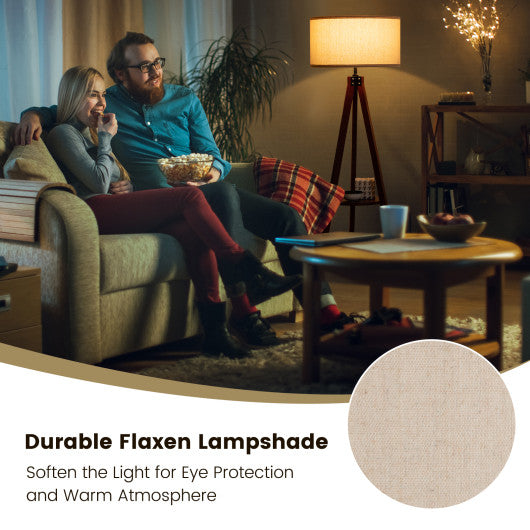 Tripod Floor Lamp Wood Standing Lamp with Flaxen Lamp Shade and E26 Lamp Base-Brown