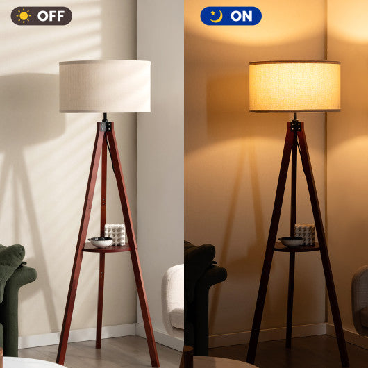 Tripod Floor Lamp Wood Standing Lamp with Flaxen Lamp Shade and E26 Lamp Base-Brown