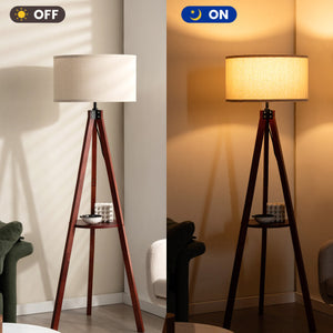 Tripod Floor Lamp Wood Standing Lamp with Flaxen Lamp Shade and E26 Lamp Base-Brown