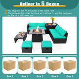 9 Pieces Outdoor Wicker Sectional with 35 Inch Gas Fire Pit Table-Turquoise