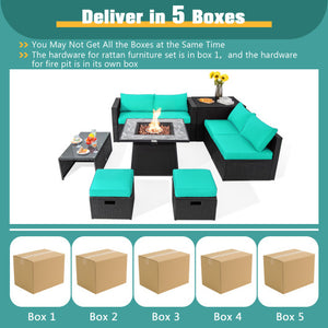 9 Pieces Outdoor Wicker Sectional with 35 Inch Gas Fire Pit Table-Turquoise