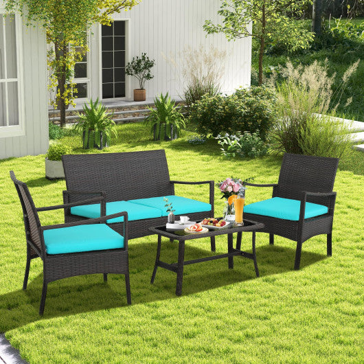 4 Pieces Rattan Conversation Set with Tempered Glass Coffee Table-Turquoise