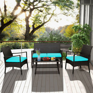 4 Pieces Rattan Conversation Set with Tempered Glass Coffee Table-Turquoise