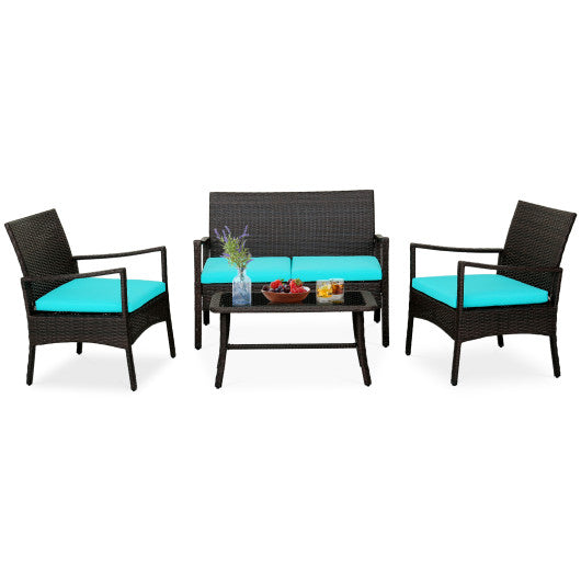 4 Pieces Rattan Conversation Set with Tempered Glass Coffee Table-Turquoise