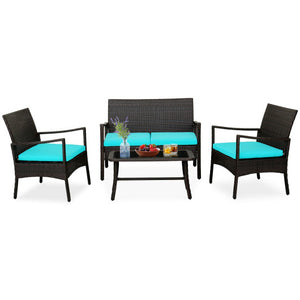 4 Pieces Rattan Conversation Set with Tempered Glass Coffee Table-Turquoise