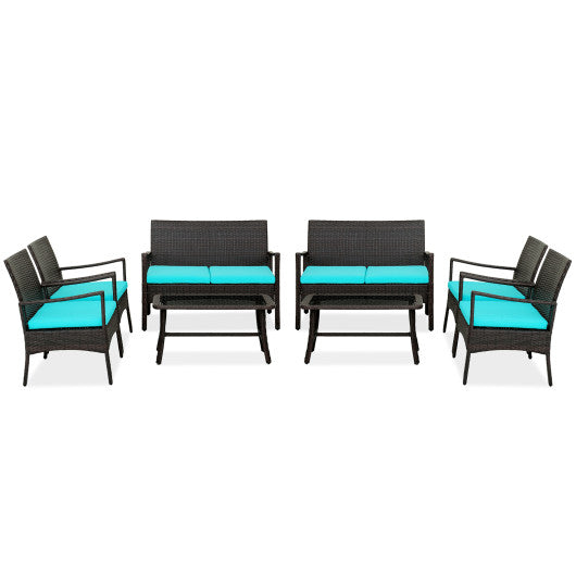 4 Pieces Rattan Conversation Set with Tempered Glass Coffee Table-Turquoise