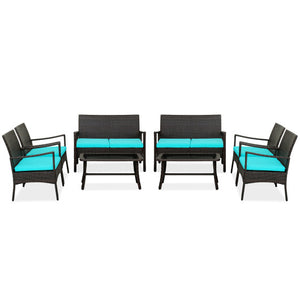 4 Pieces Rattan Conversation Set with Tempered Glass Coffee Table-Turquoise