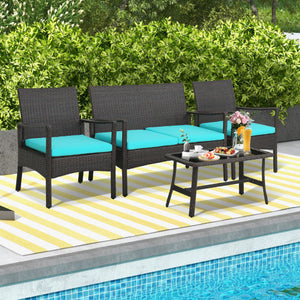 4 Pieces Rattan Conversation Set with Tempered Glass Coffee Table-Turquoise