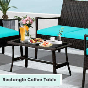 4 Pieces Rattan Conversation Set with Tempered Glass Coffee Table-Turquoise
