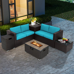 6 Pieces Outdoor Wicker Furniture Set with 32 Inch Propane Fire Pit Table-Turquoise
