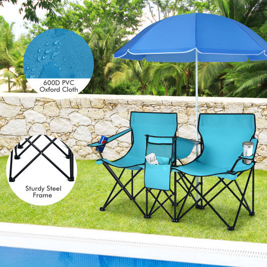 Portable Folding Picnic Double Chair With Umbrella-Turquoise