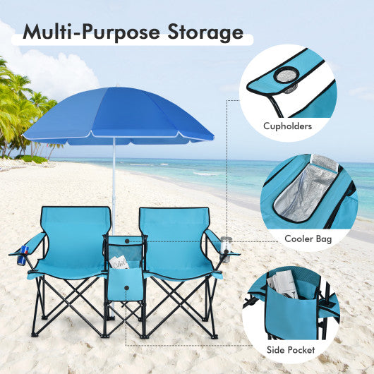 Portable Folding Picnic Double Chair With Umbrella-Turquoise