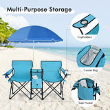 Portable Folding Picnic Double Chair With Umbrella-Turquoise