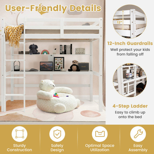 Twin Size Solid Wood Slatted Loft Bed Frame with Safety Guardrail for Kid-White