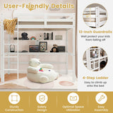 Twin Size Solid Wood Slatted Loft Bed Frame with Safety Guardrail for Kid-White
