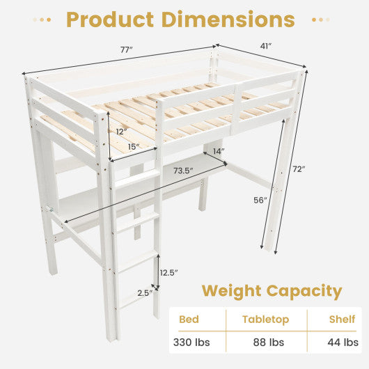 Twin Size Solid Wood Slatted Loft Bed Frame with Safety Guardrail for Kid-White