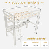 Twin Size Solid Wood Slatted Loft Bed Frame with Safety Guardrail for Kid-White
