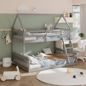 Twin Over Full House Bunk Bed with Ladder and Guardrails-Gray