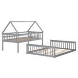 Twin Over Full House Bunk Bed with Ladder and Guardrails-Gray