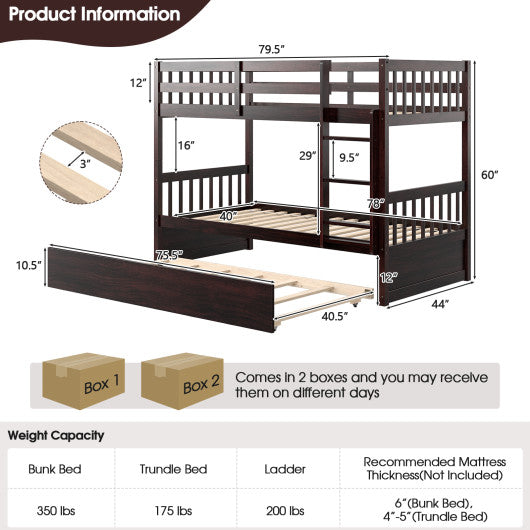 Twin Over Twin Bunk Bed with Pull-out Trundle and Ladder-Espresso